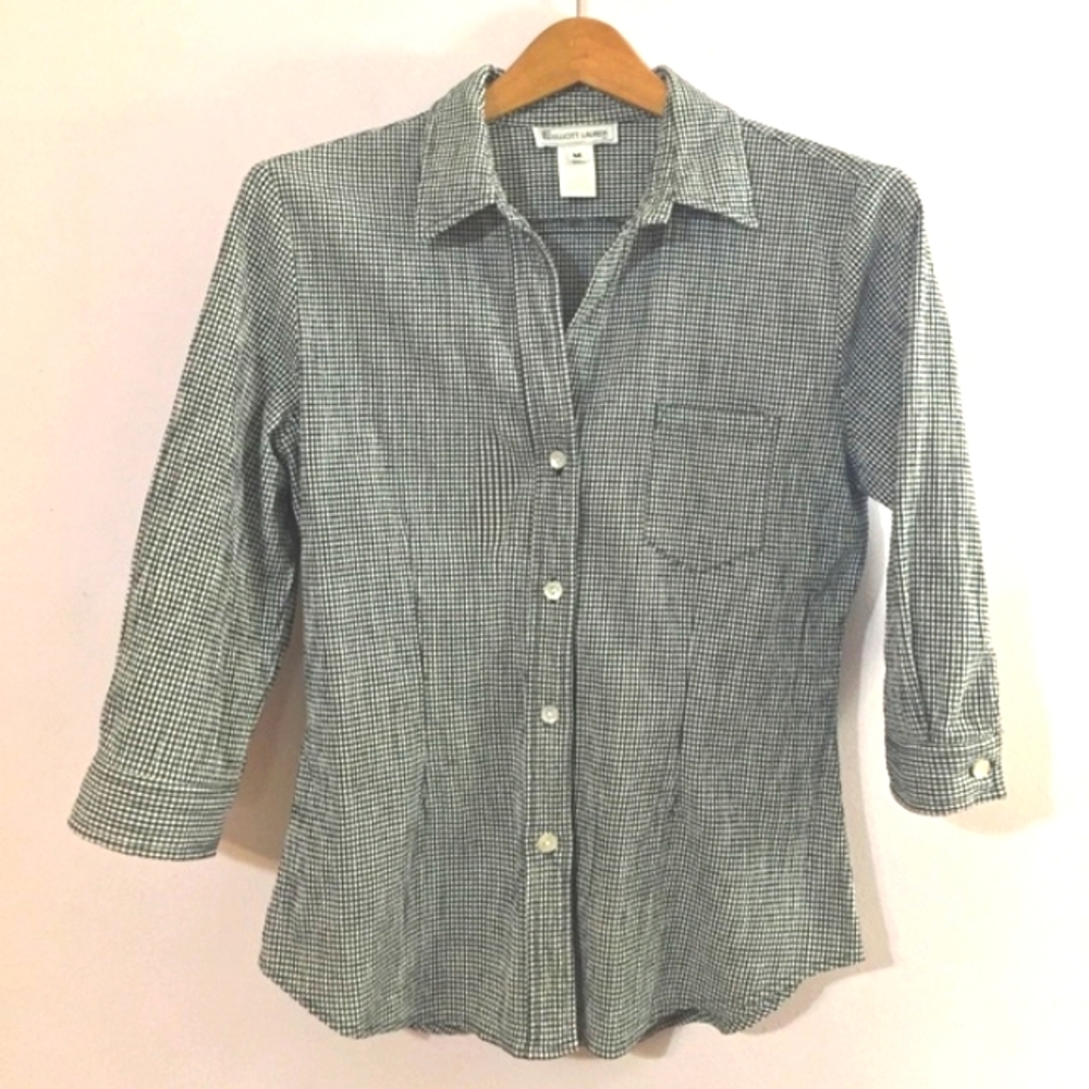 Vintage black white Gingham blouse 3/4 sleeves Waffled Texture Sz Small